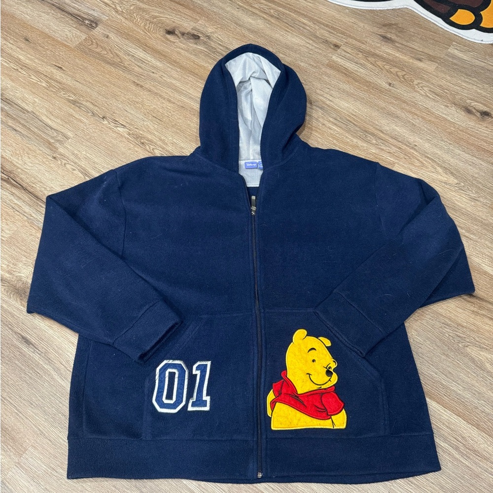 Y2K Disney Navy Blue Hoodie with Winnie the Pooh Pocket Applique